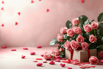 Valentine's day banner concept design of roses bouquet and gift box with hearts