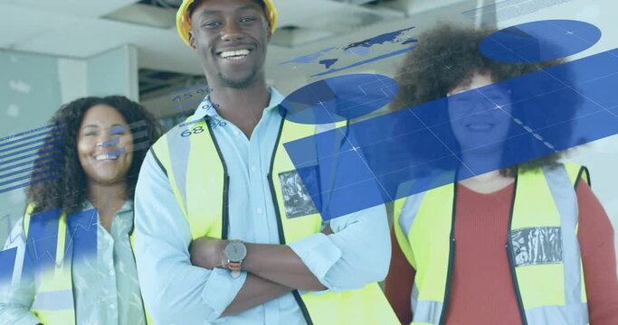 Animation of data processing over diverse engineers in hi vis vests