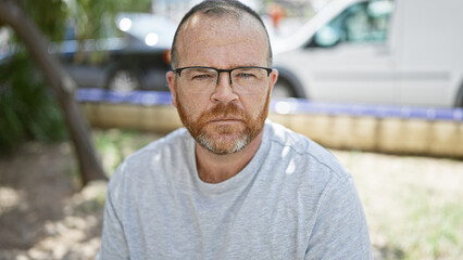 Naklejka premium Handsome middle-aged caucasian man, with a serious expression, wearing glasses, sitting alone on an urban exterior bench, concentrating on the city street life.
