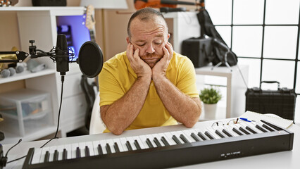 Bored, tired caucasian male musician, a sad, handsome portrait of a middle-aged pianist playing a somber song at a piano in an acoustic, indoor music studio