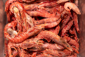 Close-up shooting of seafood. Photo of shrimp in the supermarket.