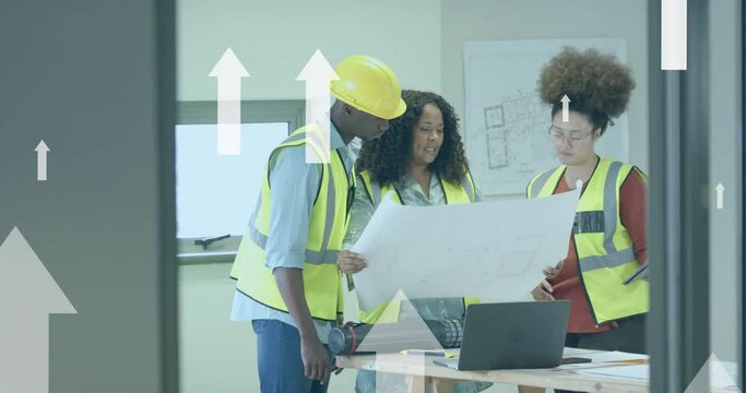 Animation of data processing over diverse engineers in hi vis vests