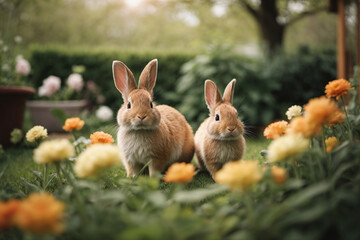 Fototapeta na wymiar easter bunny with easter eggs in the garden 