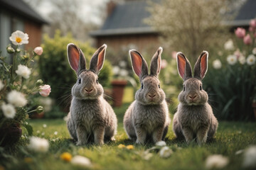 easter bunny with easter eggs in the garden	