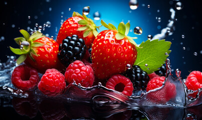Fresh Berries Immersed in Water with Splashes and Bubbles, Highlighting the Freshness and Natural Essence of Raspberries, Blackberries, and Strawberries