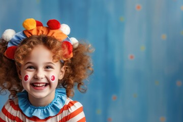 funny red-haired curly-haired girl, April Fool, happy child, circus performer, childrens Day, big smile and laughter - obrazy, fototapety, plakaty