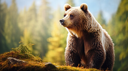 Fototapeta premium big wild bear climbed a hill among the trees. space for text