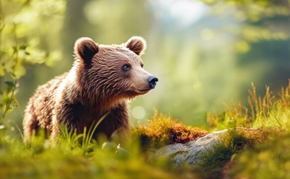 brown young bear came to a clearing in the forest,a space for text