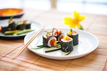 inside-out sushi rolls with sesame seeds and asparagus spears