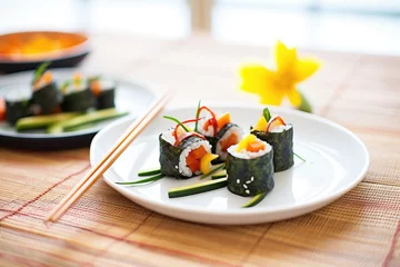 Fotobehang inside-out sushi rolls with sesame seeds and asparagus spears © studioworkstock