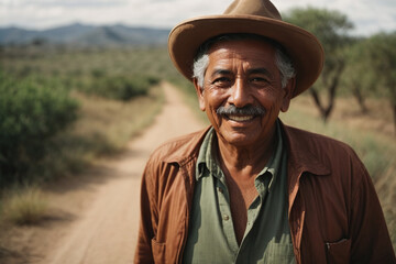 portrait of a mexican cowboy in a field - obrazy, fototapety, plakaty