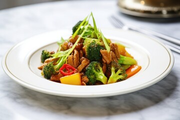 sweet and sour pork with steamed broccoli florets