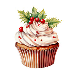 Watercolor Cupcake with Holly flower Ai Generative