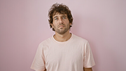 Portrait of a contemplative young hispanic man standing against a pink background, looking pensive...