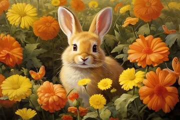  a cute Easter bunny amidst a vibrant spring setting, surrounded by blooming flowers, butterflies, and colorful Easter eggs