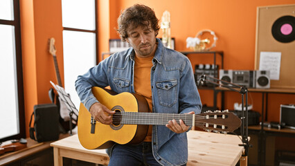 Handsome hispanic man playing guitar in a music studio with orange walls and modern equipment.