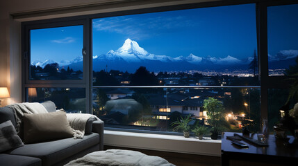 Fototapeta premium Night scene glass house living room with mountain view There are large frame less glass window overlooking to the mountain and nature