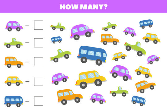 How many cars are there in the picture.Count the number of cars. Math game for children. Puzzle, educational game for children.