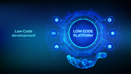 Low code platform and No Code development technology concept in wireframe hand. LCDP and NCDP - software development using graphical interfaces. Vector illustration.