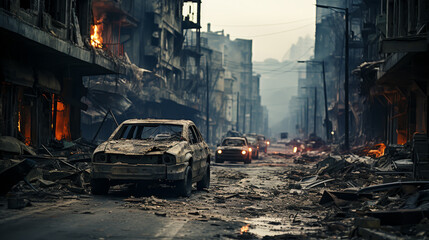 modern city devastated by explosions and chaos - obrazy, fototapety, plakaty