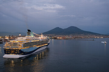 Marella cruiseship cruise ship liner Explorer 2 sail away departure from port of Naples, Italy with...