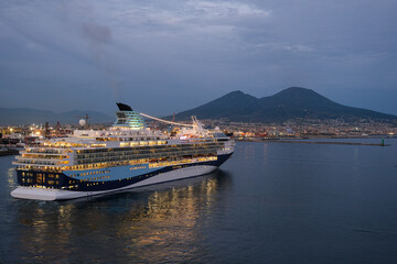 Marella cruiseship cruise ship liner Explorer 2 sail away departure from port of Naples, Italy with...