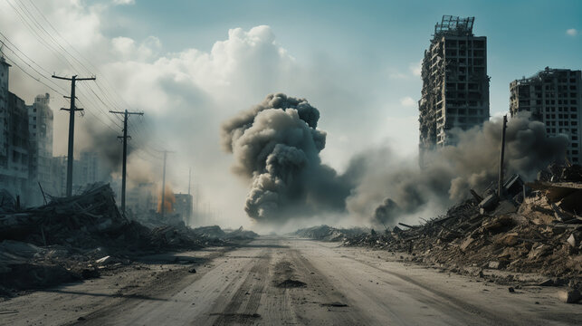 modern city devastated by explosions and chaos