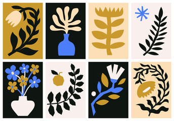Floral wall art set. Cut out naive abstract flowers. Modern interior posters. Trendy botanical cards in contemporary style, wild and whimsical plants. Colorful flat vector illustrations.