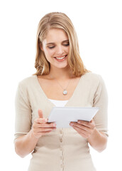 Happy woman, reading and tablet in studio with social networking, online blog and app with white background. News, email and digital scroll with information for web search, media and internet article