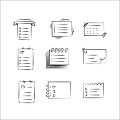 Hand drawn memo paper sheets, sticky note, reminder, to do list, sticky tape and pins. Bullet journal