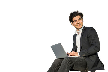 A businessman uses a laptop computer, a positive man stands in a suit. The manager in the office is an employee of the company. Transparent background.