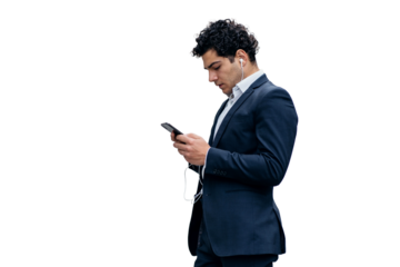 A business man in a suit uses a phone to write a message. The manager in the office is an employee of the company. Transparent background.