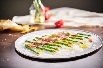asparagus carpaccio with parmesan shavings on a reflective surface