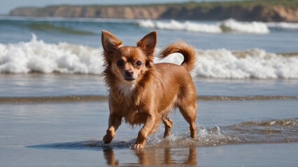 Red chihuahua dog playing on the beach