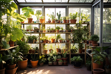 many different green potted plants in ceramic pots in the greenhouse. Gardening and landscaping