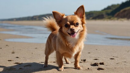 Red chihuahua dog playing on the beach