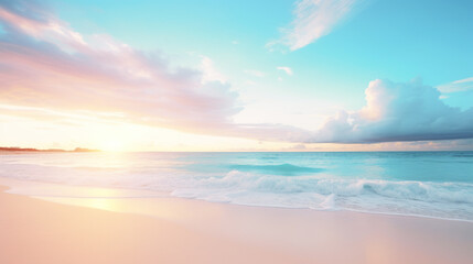 Tropical beach with clear water and white sand, sunrise, pastel colors