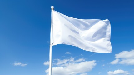 White flag gently flutters in clear blue sky. Immaculate, crisp edges, no wear or tear. Peaceful symbol of surrender, calm, serenity, freedom, and unity. Clean, pristine, motion in the wind.
