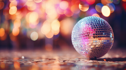 Fototapeta premium Colorful disco ball, blurred disco lights in background