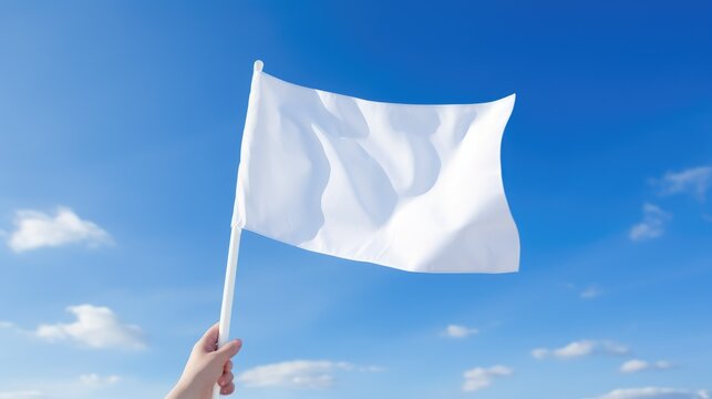 A hand raising a White flag, it gently flutters under clear blue sky. Immaculate, with crisp edges and no signs of wear. Symbol of peace, victory, and freedom. Serene, harmonious, untouched by time.