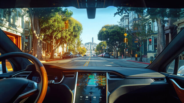 Autonomous vehicles. As seen from the back seat of an driverless car. The car’s interior is state-of-the-art, highlighting the innovation of driverless technology.