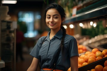 Asian Woman staff in apron working in grocery store. Business concept