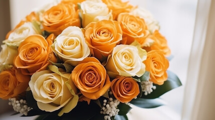 Obraz premium Bridal wedding bouquet. Stunning flowers roses wildflowers. Engagement between two lovoer people. Image with copy space.