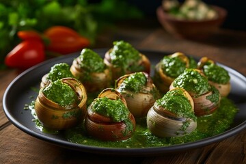 A dish of cooked snails topped with pesto sauce. Generative AI