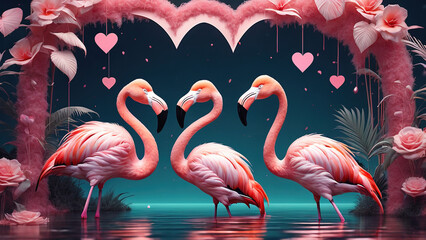 Cute flamingo on fantasy aesthetic valentines scenery background