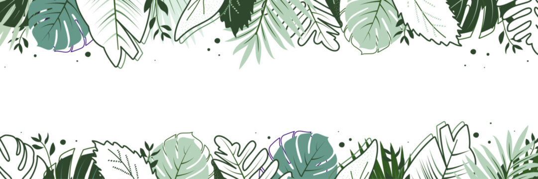 Abstract background banner made of botanical tropical palm leaves branches in the jungle in green color drawn outline. Design for banner poster decoration. Flat doodle style. Vector illustration.