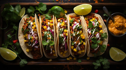 Homemade slow cooker chicken taco with corn served on rustic ceramic plate on wooden table, mexican...