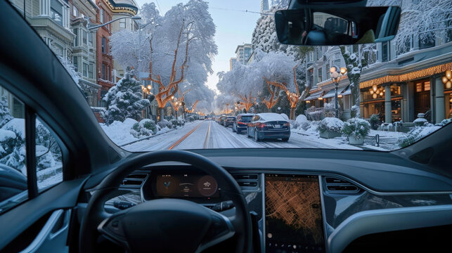 Autonomous vehicles. As seen from the back seat of an driverless car. The car’s interior is state-of-the-art, highlighting the innovation of driverless technology.