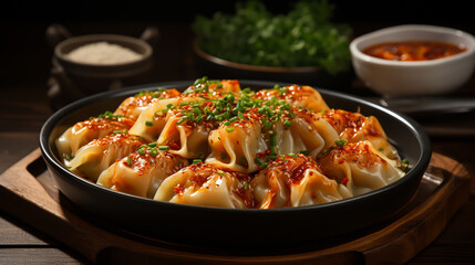 Gyoza Japanese korean dumplings on gray plate on the tabl. Top viewe