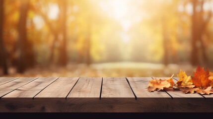 Naklejka na ściany i meble Autumn background with falling leaves and empty wooden table, ideal for product placement. Neural network AI generated art